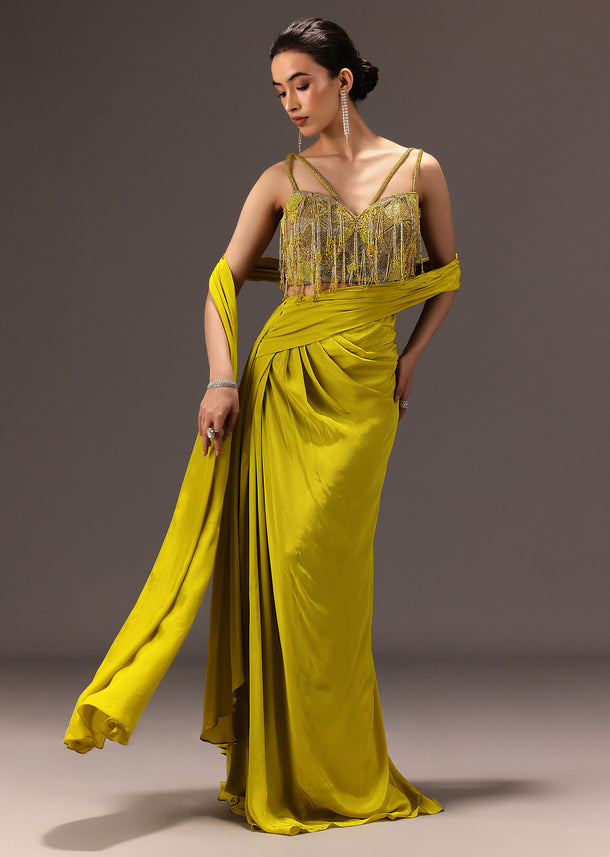 Lime Green Semi Stitched Net Saree With Embroidered Blouse