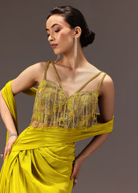Lime Green Semi Stitched Net Saree With Embroidered Blouse