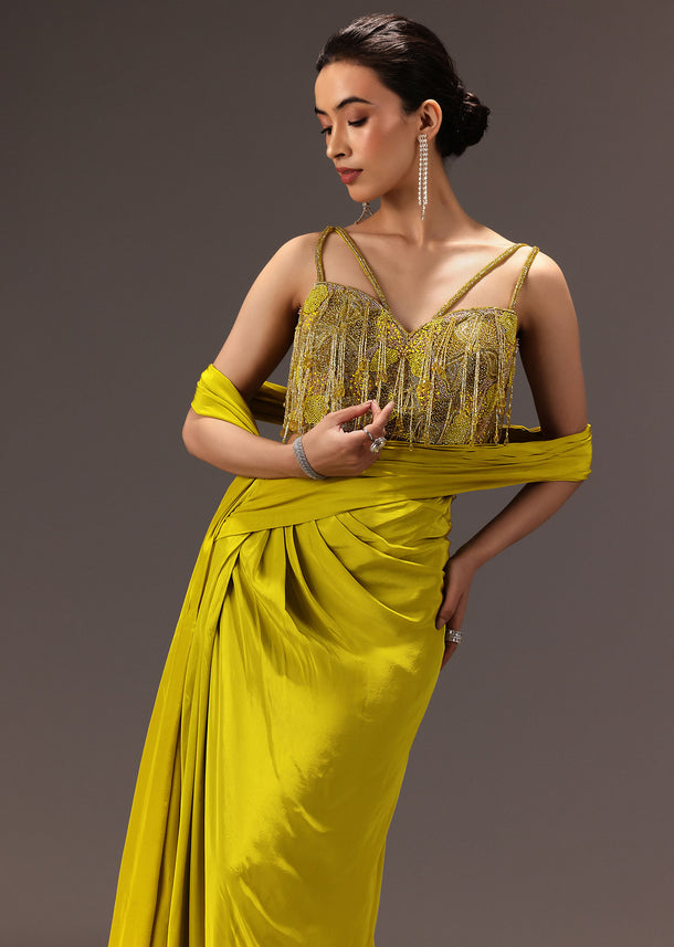 Lime Green Semi Stitched Net Saree With Embroidered Blouse