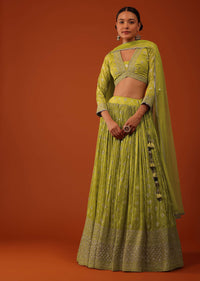 Lime Green Silk Lehenga And Blouse Set With Zari And Mirror Work