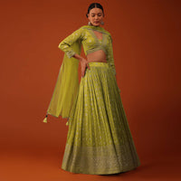 Lime Green Silk Lehenga And Blouse Set With Zari And Mirror Work