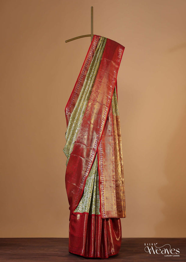 Lime Green Kanjivaram Saree In Tissue Silk With 7GM Real Gold Zari And Unstitched Blouse