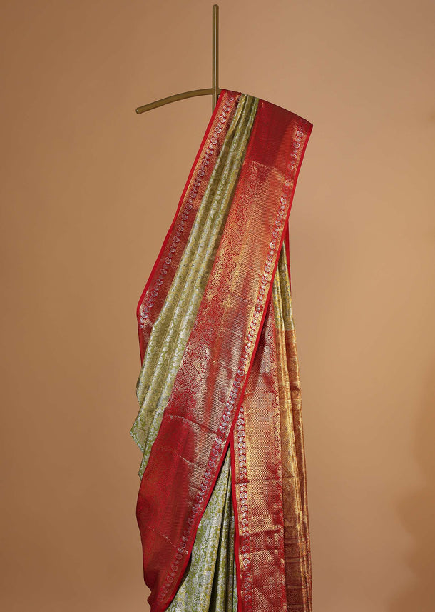 Lime Green Kanjivaram Saree In Tissue Silk With 7GM Real Gold Zari And Unstitched Blouse