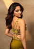 Lime Green Zardosi Draped Slit Skirt With 3D Multi Strap Blouse