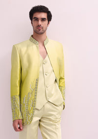 Lime Hand Embellished Open Jacket With Waistcoat And Pants