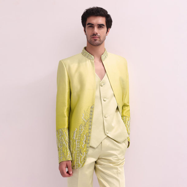 Lime Hand Embellished Open Jacket With Waistcoat And Pants