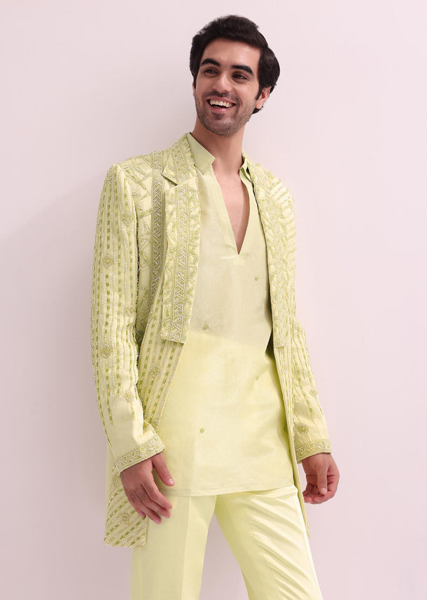 Lime Lapel Tuxedo With Booties Kurta And Pants