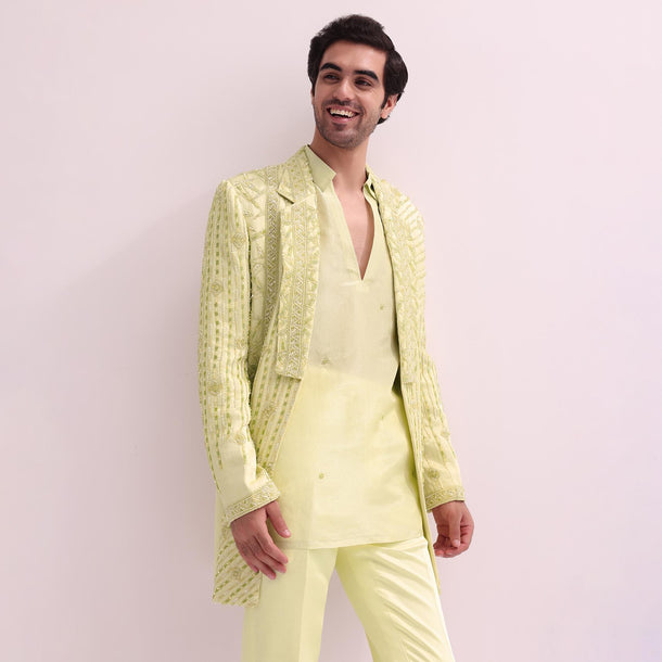 Lime Lapel Tuxedo With Booties Kurta And Pants