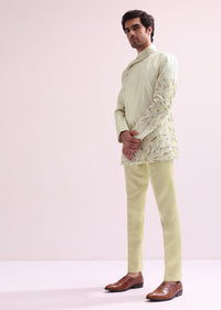 Lime Stylized Collar Pre Pleated Bandhgala With Pants