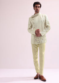 Lime Stylized Collar Pre Pleated Bandhgala With Pants