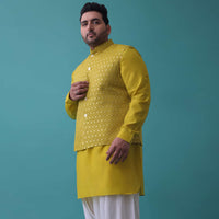 Lime Yellow Mirror Embroidered Bandi Jacket Set In Cotton Silk