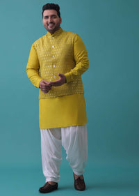 Lime Yellow Mirror Embroidered Bandi Jacket Set In Cotton Silk