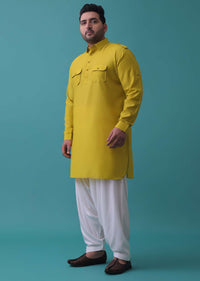 Lime Yellow Mirror Embroidered Bandi Jacket Set In Cotton Silk