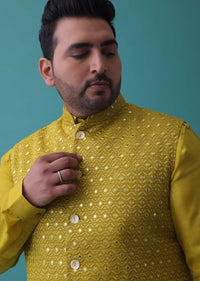 Lime Yellow Mirror Embroidered Bandi Jacket Set In Cotton Silk