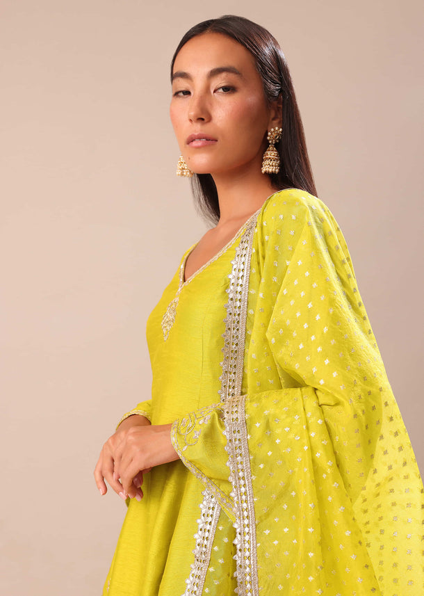 Lime Yellow Embroidered Kurta With Salwar And Dupatta