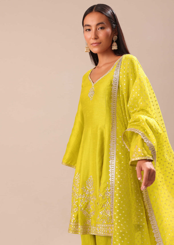 Lime Yellow Embroidered Kurta With Salwar And Dupatta