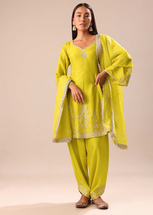 Lime Yellow Embroidered Kurta With Salwar And Dupatta