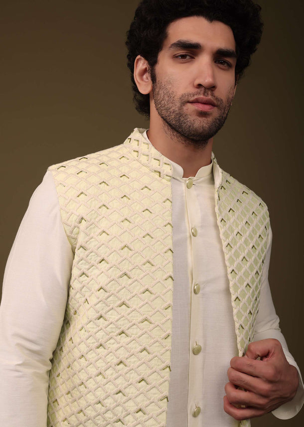 Lime Yellow Festive Textured Jacket Kurta Set With Cut Dana And Thread Embroidery In Art Silk