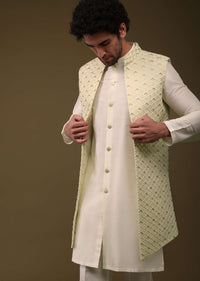 Lime Yellow Festive Textured Jacket Kurta Set With Cut Dana And Thread Embroidery In Art Silk