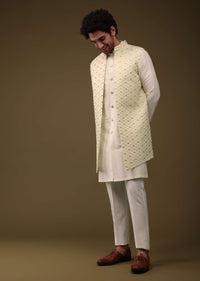 Lime Yellow Festive Textured Jacket Kurta Set With Cut Dana And Thread Embroidery In Art Silk