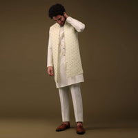 Lime Yellow Festive Textured Jacket Kurta Set With Cut Dana And Thread Embroidery In Art Silk