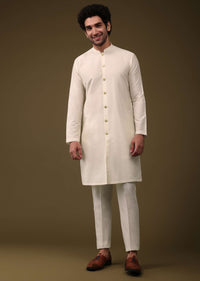 Lime Yellow Festive Textured Jacket Kurta Set With Cut Dana And Thread Embroidery In Art Silk