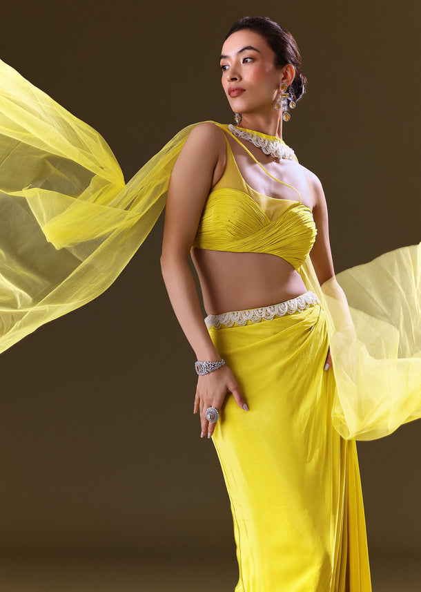 Lime Yellow Fishcut Skirt With One Shoulder Blouse And Tasseled Belt