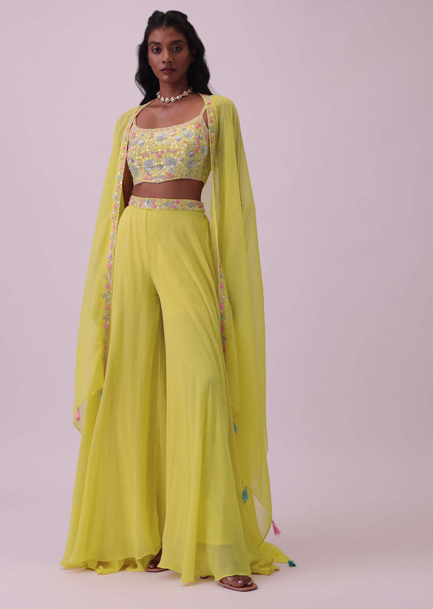 Lime Yellow Georgette Palazzo And Silk Crop Top Set With Embroidery