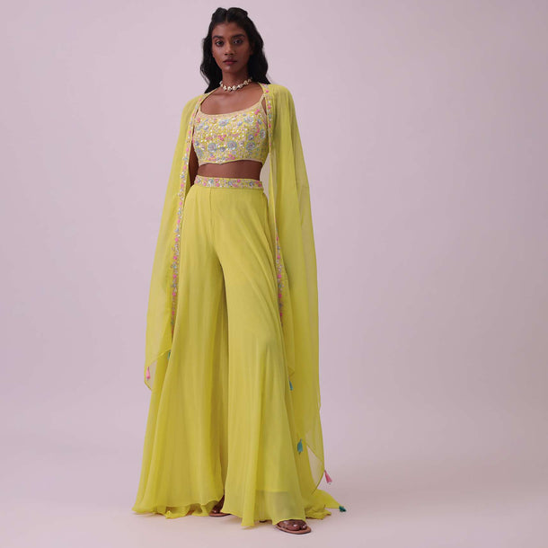 Lime Yellow Georgette Palazzo And Silk Crop Top Set With Embroidery