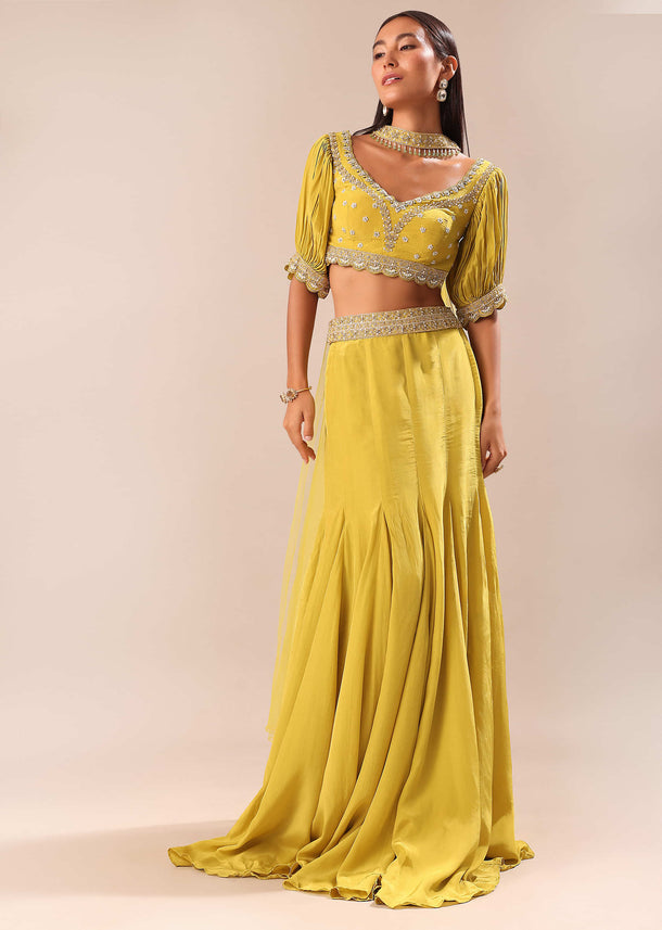 Lime Yellow Hand Embroidered Skirt And Blouse Set