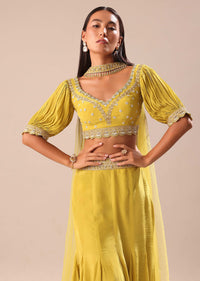 Lime Yellow Hand Embroidered Skirt And Blouse Set