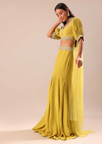 Lime Yellow Hand Embroidered Skirt And Blouse Set