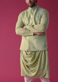 Lime Yellow Jacket Kurta Set In Velvet With Moti Work