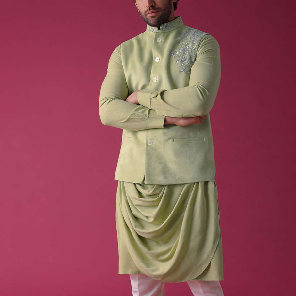 Lime Yellow Jacket Kurta Set In Velvet With Moti Work