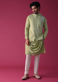 Lime Yellow Jacket Kurta Set In Velvet With Moti Work