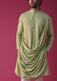 Lime Yellow Jacket Kurta Set In Velvet With Moti Work