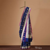 Indigo Blue Banarasi Patola Saree In Katan Silk With Ikat Weave And Unstitched Blouse