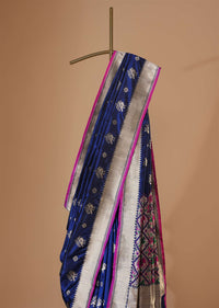 Indigo Blue Banarasi Patola Saree In Katan Silk With Ikat Weave And Unstitched Blouse