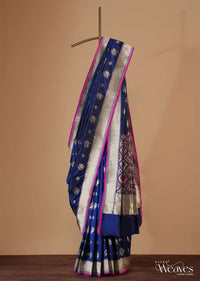 Indigo Blue Banarasi Patola Saree In Katan Silk With Ikat Weave And Unstitched Blouse