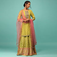 Lime Green Palazzo Suit In Dola Silk With Embroidery And Pink Net Dupatta