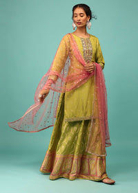 Lime Green Palazzo Suit In Dola Silk With Embroidery And Pink Net Dupatta
