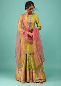 Lime Green Palazzo Suit In Dola Silk With Embroidery And Pink Net Dupatta