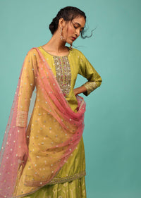 Lime Green Palazzo Suit In Dola Silk With Embroidery And Pink Net Dupatta