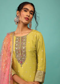 Lime Green Palazzo Suit In Dola Silk With Embroidery And Pink Net Dupatta