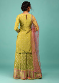 Lime Green Palazzo Suit In Dola Silk With Embroidery And Pink Net Dupatta