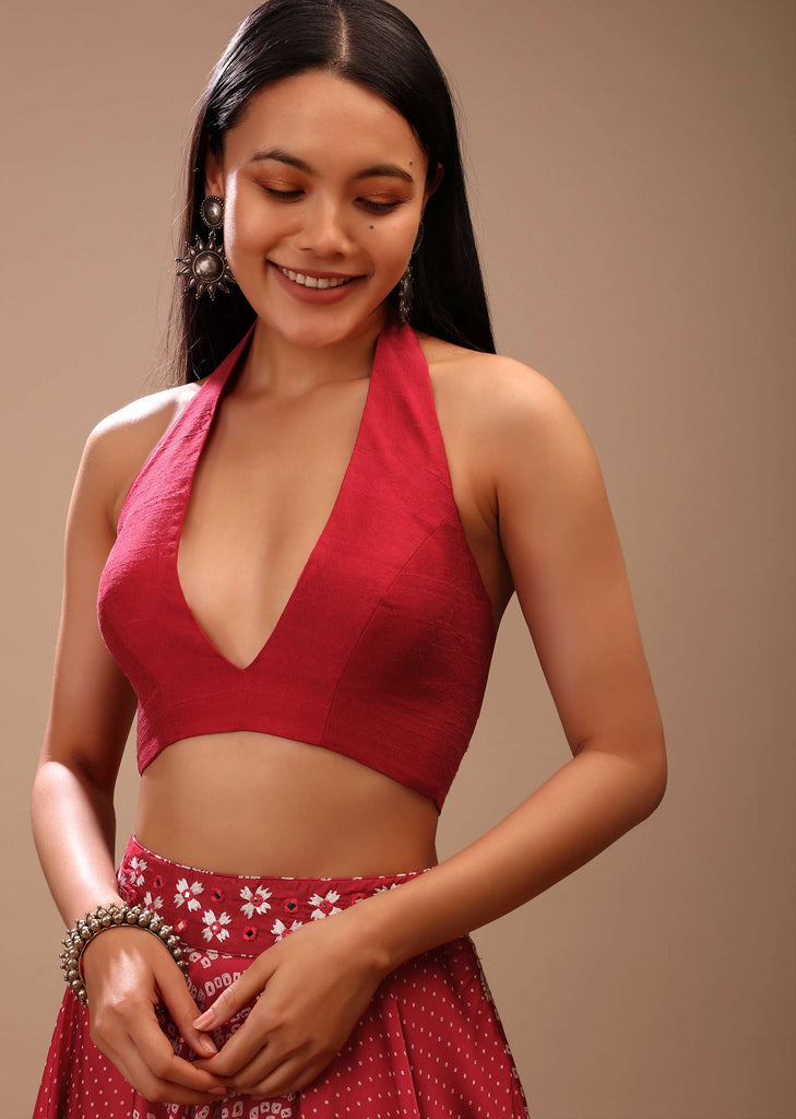 Lipstick Red Backless Blouse In Raw Silk With Halter Neckline And Plunging Neckline