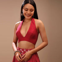 Lipstick Red Backless Blouse In Raw Silk With Halter Neckline And Plunging Neckline