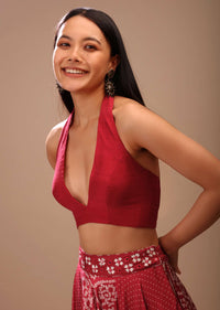 Lipstick Red Backless Blouse In Raw Silk With Halter Neckline And Plunging Neckline