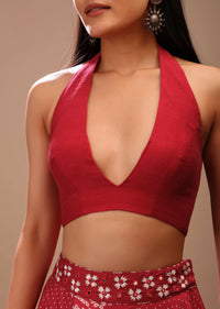 Lipstick Red Backless Blouse In Raw Silk With Halter Neckline And Plunging Neckline