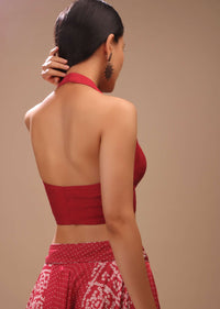 Lipstick Red Backless Blouse In Raw Silk With Halter Neckline And Plunging Neckline